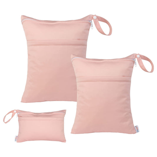 ALVABABY 3pcs Baby Cloth Diaper Wet/Dry Bags|Waterproof Reusable with Two Pockets|Travel, Beach, Pool, Daycare, Soiled Baby Items,Yoga，Gym Bag for Swimsuits or Wet Clothes (3 pcs in SML, Pink) 3L-B19