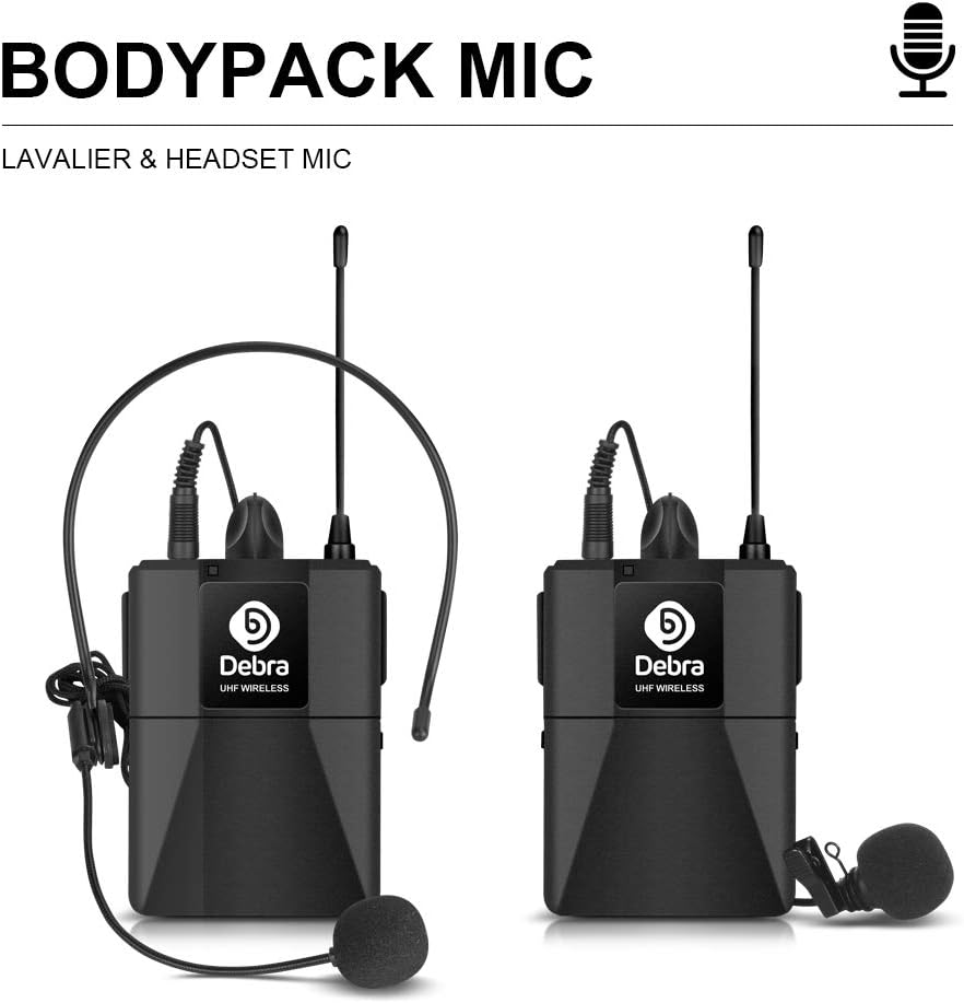 Debra Audio Pro UHF 4 Channel Wireless Microphone System with Cordless Handheld Lavalier Headset Mics, Metal Receiver, Ideal for Karaoke Church Party (with 2 Handheld & 2 Bodypack (A))