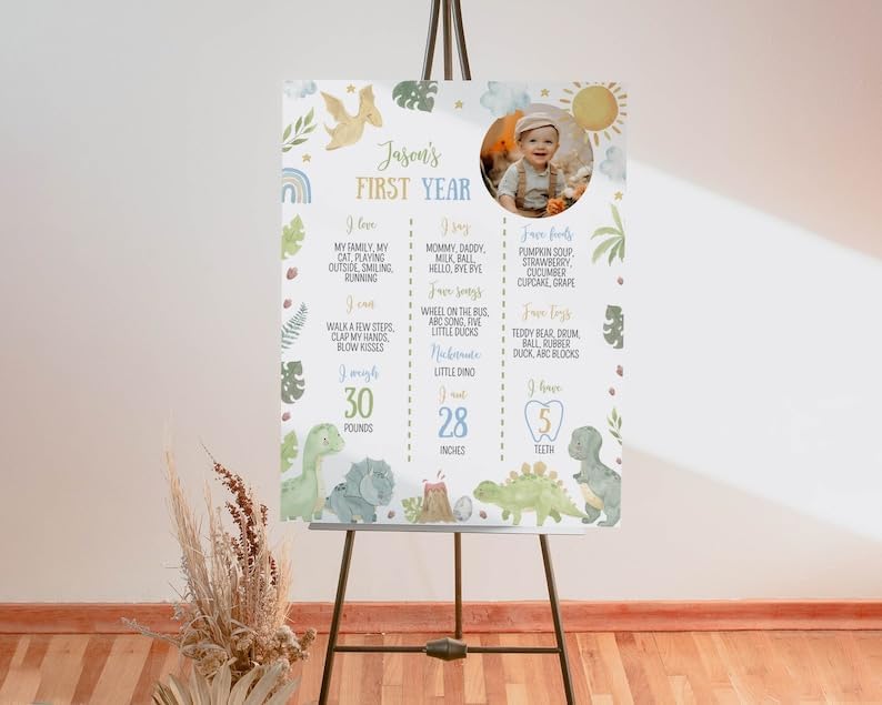 Generic Dinosaur First Birthday Milestone Sign, Dinosaur 1St Birthday Photo Milestone Poster, Dino First Birthday Board, Design 02