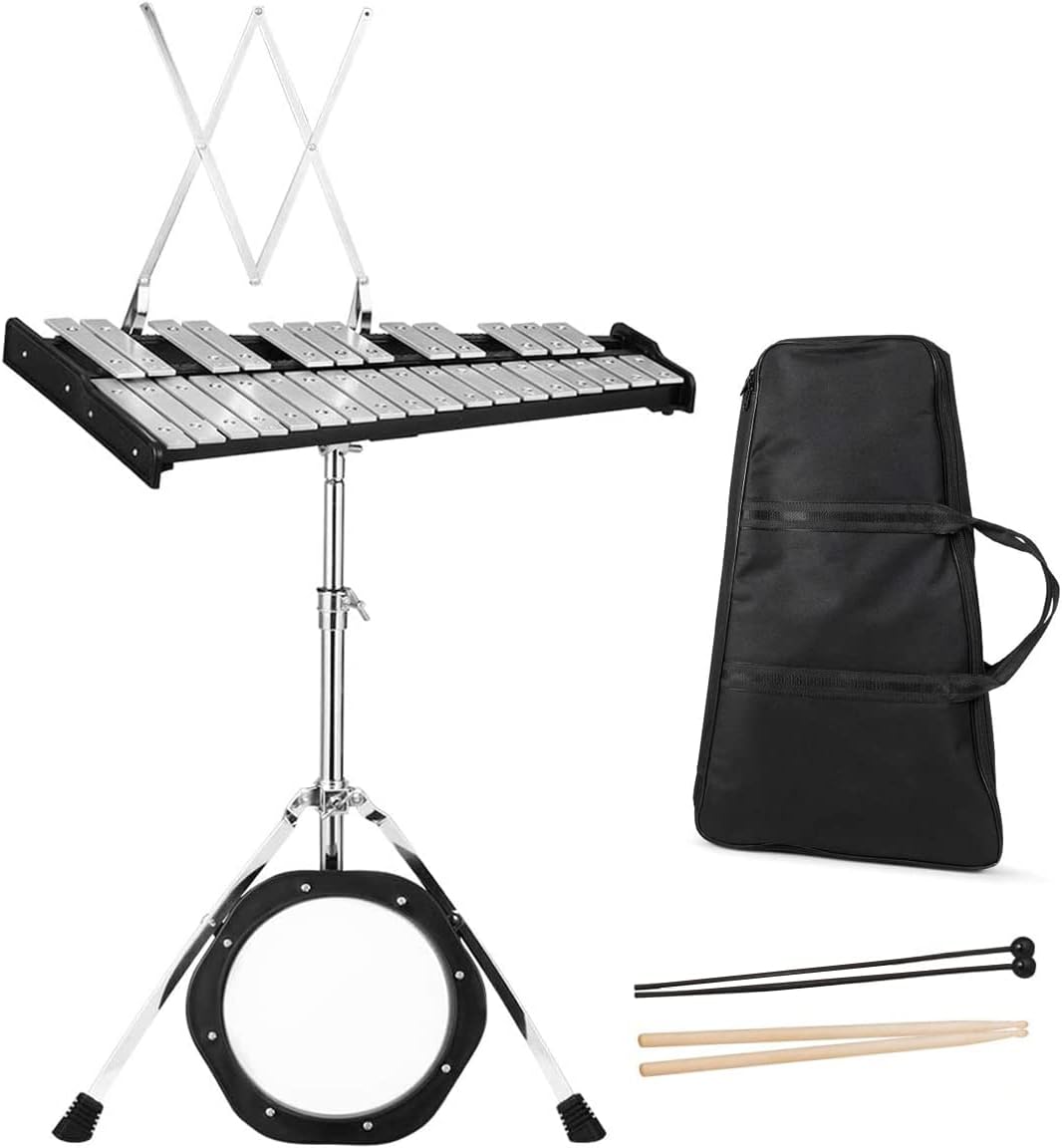 Giantex Percussion Glockenspiel Bell Kit 30 Notes, Xylophone with Adjustable Height Frame, Music Stand, 8" Practice Pad, Bell Mallets, Drumsticks, Carrying Bag, for School Band Beginner Student