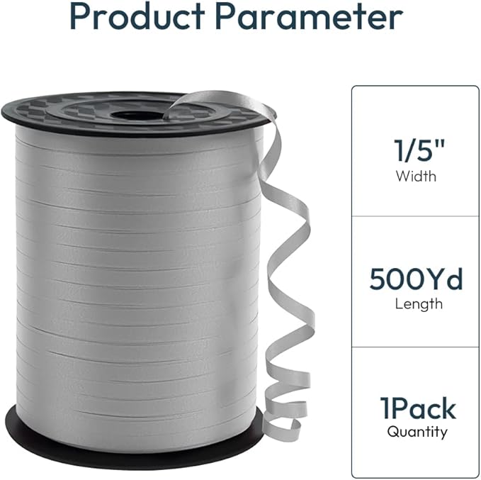 KMER LIFE Premium Silver Curling Ribbon, 1/5" Wide x 500 Yards Christmas Curling Ribbons for Gift Wrapping, Party Decoration, Balloon String, Ribbons for Florist Flower (1 Roll)