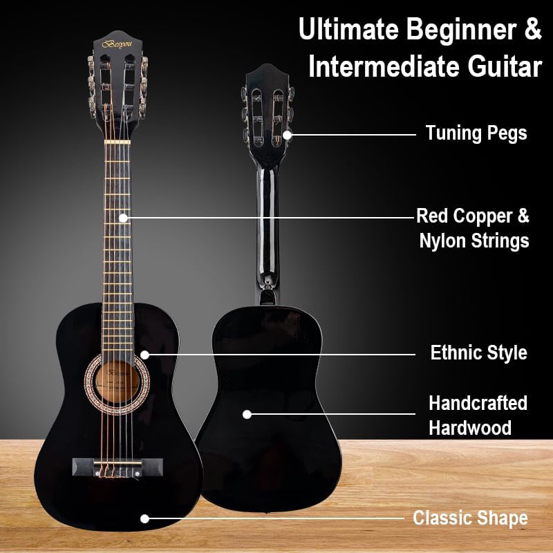 30" Black Beginner Acoustic Guitar Starter Package Student/Kids Guitar with Gig Bag,Strap,2 Picks,Extra Strings, Electronic Tuner.