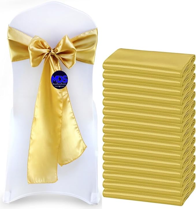 MDS Pack of 150 PCS Satin Chair Sashes Charmeuse Sateen Dining Chair Bows Ribbon Ties Back Sash for Wedding Party Birthday Home Hotel Restaurant Banquet Decoration (7 x 108 Inch, Gold)