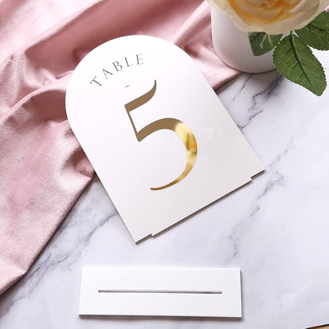 UNIQOOO White Arch Wedding Table Numbers with Stands 1-15, Gold Foil Printed 5x7 Double sided Acrylic Signs and Holders, Perfect for Centerpiece, Reception, Decoration, Party, Anniversary, Event