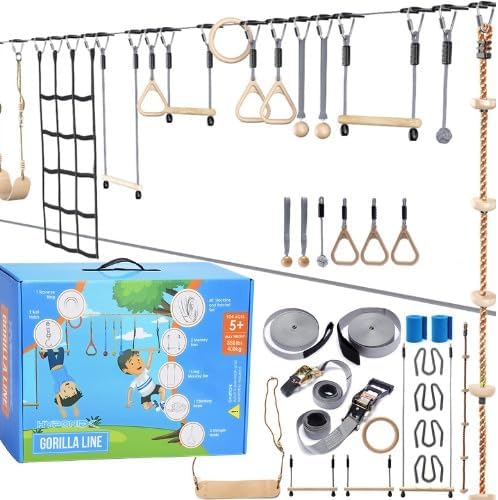 Hyponix Ninja Obstacle Course for Kids – 2 x 60 ft Slacklines with 13 Weatherproof Obstacles – Monkey Net, Ratchet-Tight Tech, Supports 880 lbs – Climbing & Swinging Backyard Fun