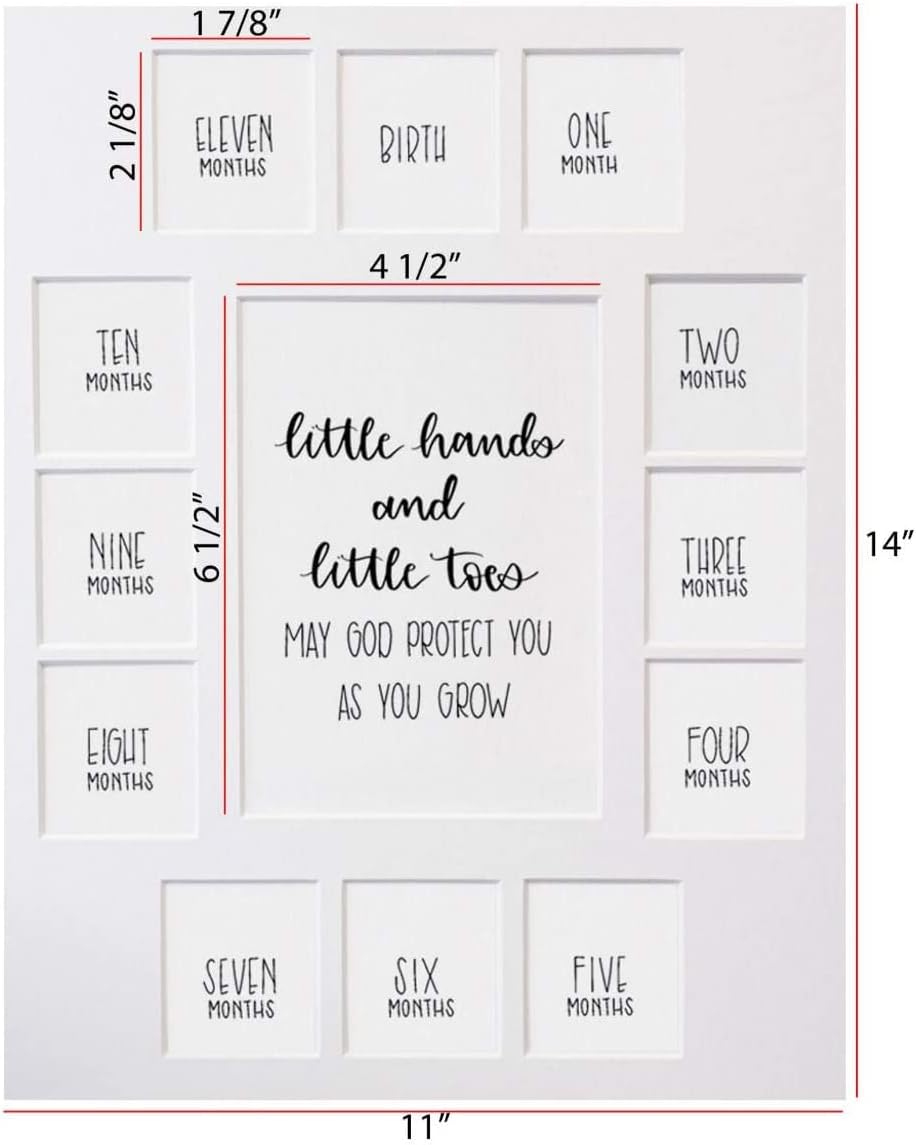 Rustic Red Door Co. Baby's First Year Picture Mat - Barnwood Frame - Little Hands and Little Toes Photo Collage - 13 Picture Slots - Newborn to One Year Birthday - Watch Your Baby Grow (White Mat)
