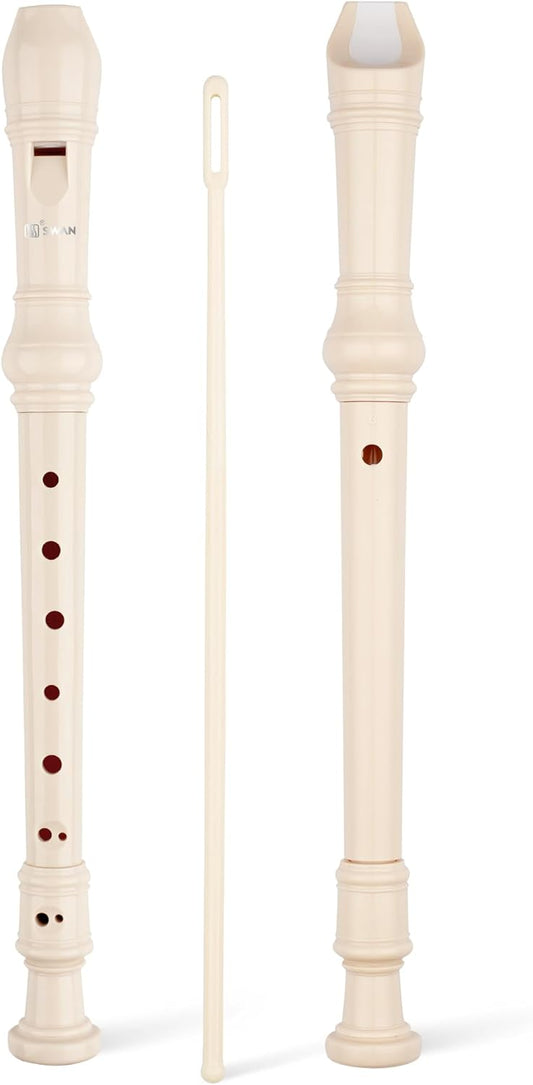SWAN Soprano Recorder Instrument for Beginners Student - Baroque Style 8 Hole Flute Detachable 3pcs Descant Recorder with Cleaning Rod and Fingering Chart for Kids over 6 Years Old, Beige