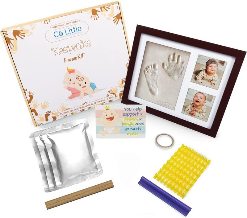 Co Little Baby Handprint & Footprint Kit (Date & Name Stamp) Clay Hand Print Picture Frame for Newborn - Best New Mom Gift - Foot Impression Photo Keepsake for Girl & Boy - White Feet Imprint Mold