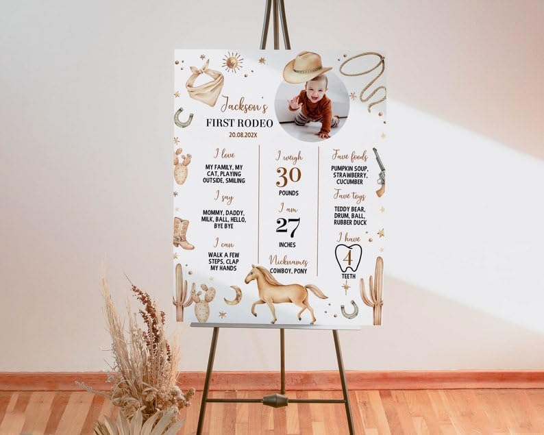 Generic Personalized First Rodeo Milestone Sign, Cowboy 1St Birthday Photo Milestone Poster, Wild West First Birthday Board, Design 015