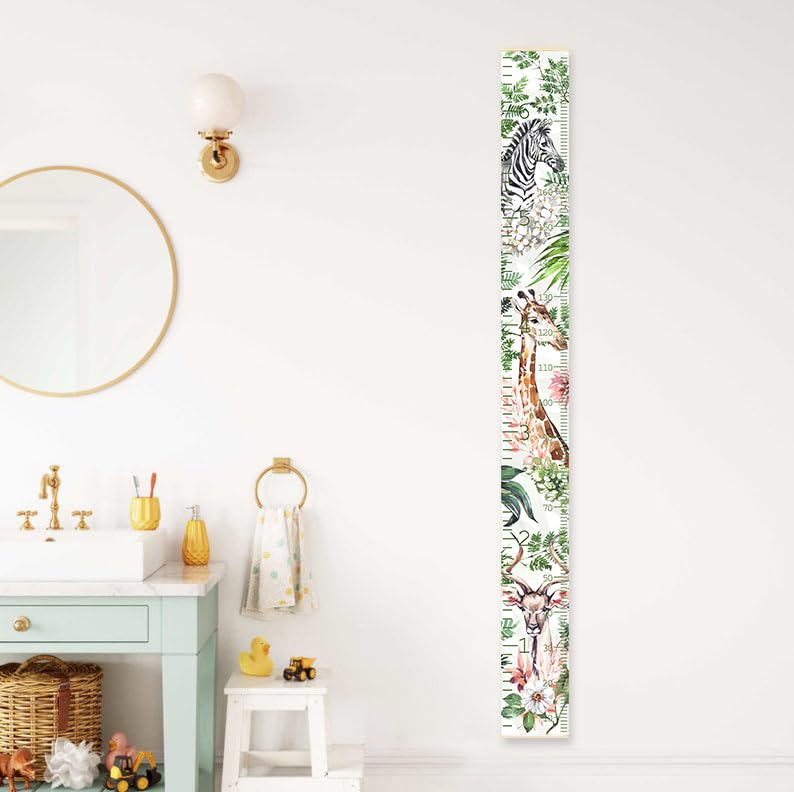 Kids Height Wall Chart Watercolor Flower and Animal Height Measurement for Wall Growing Chart for Childrens Room Decor- Giraffe, Zebra, Antelope Print Growth Chart for Room Décor