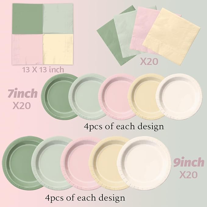 CMUSKO Pink and Green Birthday Decorations-60Pcs Dusty Pink Sage Green Plates & Napkins Kit for Baby Shower, Bridal Shower, Wedding