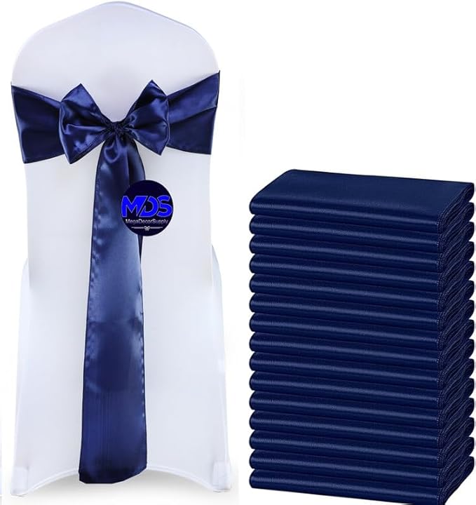 MDS Pack of 75 PCS Satin Chair Sashes Charmeuse Sateen Dining Chair Bows Ribbon Ties Back Sash for Wedding Party Birthday Home Hotel Restaurant Banquet Decoration (7 x 108 Inch, Navy Blue)