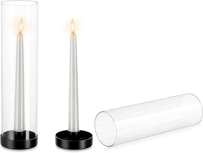 NUPTIO Hurricane Glass Candle Holders: 2 Pcs Black Candlestick Tapers Holder with 11.81 inch Tall Clear Cylinder Cover Metal Candle Sticks Stand for Wedding Christmas Thanksgiving Halloween Decor