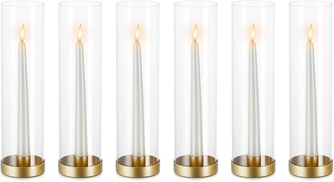 NUPTIO Hurricane Glass Candle Holders: 6 Pcs Gold Metal Taper Candlesticks Holder with 11.81 inch Long Clear Bottomless Cylinder Cover Stands for Wedding Anniversary Bridal Shower Table Centerpiece