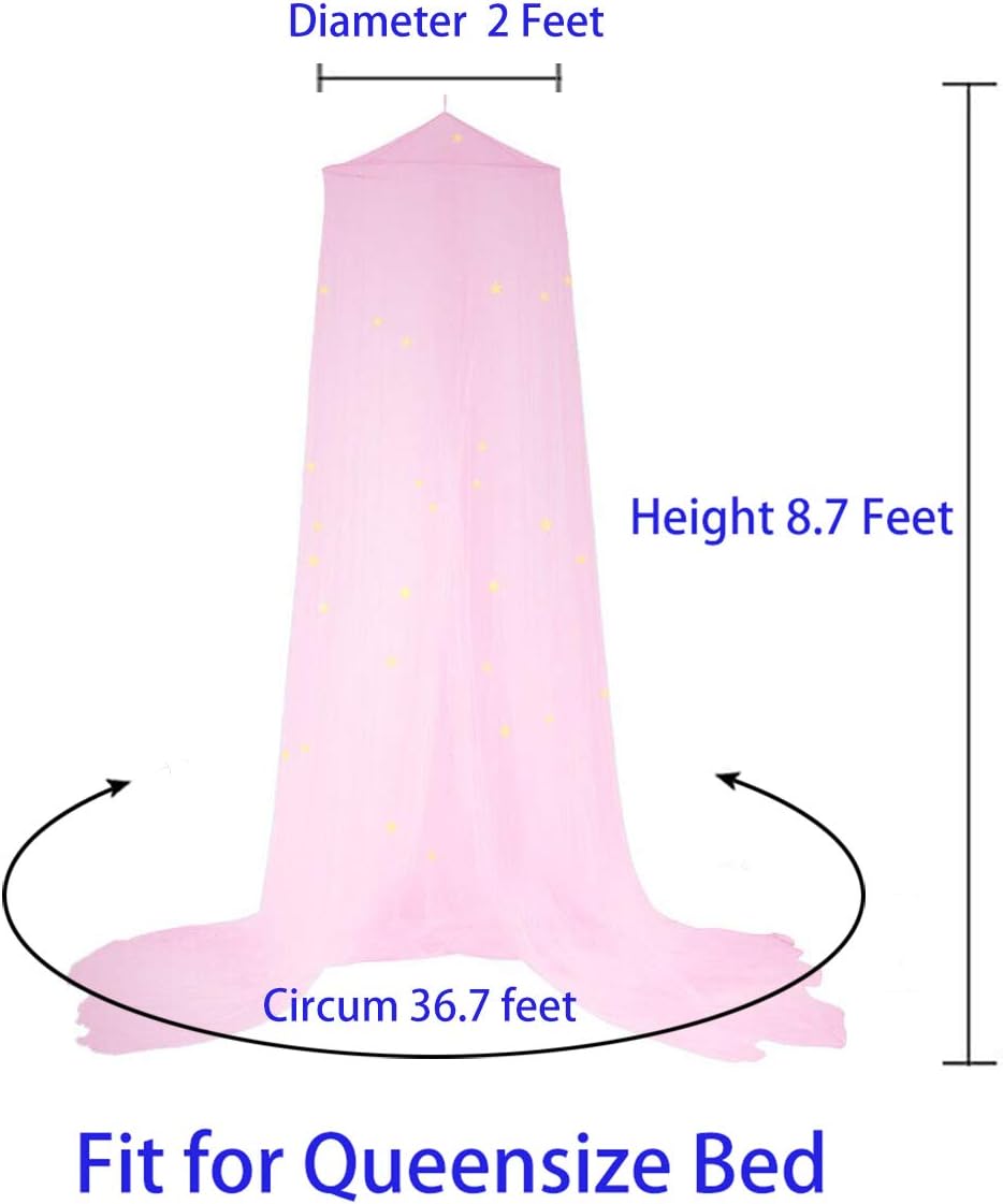BCBYou Bed Canopy Mosquito Net with Fluorescent Stars Glow in Dark for Baby, Kids, and Adults, for Cover The Baby Crib, Kid Bed, Girls Bed Or Full Size Bed (Pink)