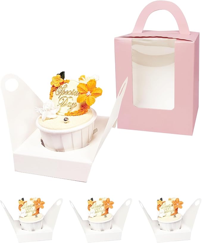 Bakepacker Auto-pop up Individual Cupcake Boxes with Window 60 Count Pink Single Cupcakes Box 3.6 x 3.6 x 4.3inch Cupcake Carrier