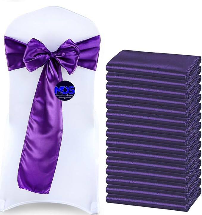 MDS Pack of 100 PCS Satin Chair Sashes Charmeuse Sateen Dining Chair Bows Ribbon Ties Back Sash for Wedding Party Birthday Home Hotel Restaurant Banquet Decoration (7 x 108 Inch, Cadbury Purple)