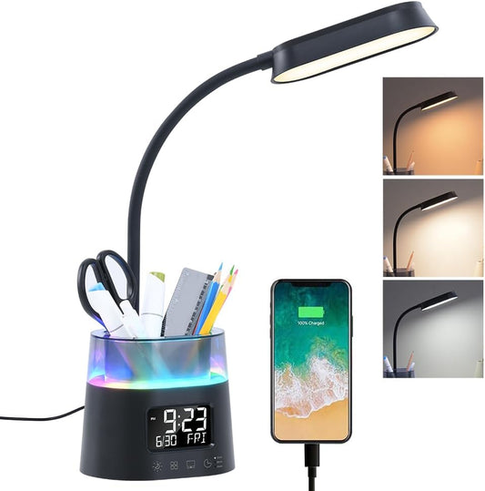WILIT LED Kids Desk Lamp, Dimmable Study Lamp for Home Office Desk Accessories, with Pen Holder & Clock, USB Charging, RGB Night Light, Bedroom & College Dorm Room Essentials for Girls - Black