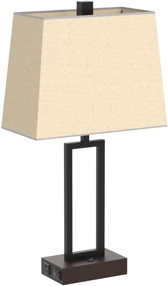 Table Lamp for Bedroom Set of 2 with 2 USB Ports and AC Power Outlet, 23.5" Modern Bedside Lamp, Wood Nightstand Lamp with Linen Shade for Living Room Hotel Desk(LED Bulb Included)