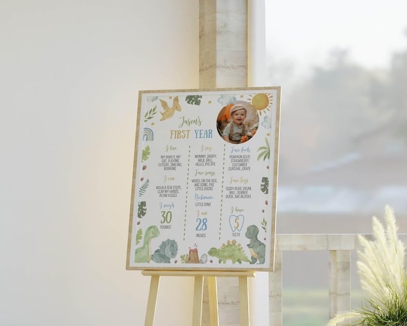 Generic Dinosaur First Birthday Milestone Sign, Dinosaur 1St Birthday Photo Milestone Poster, Dino First Birthday Board, Design 02