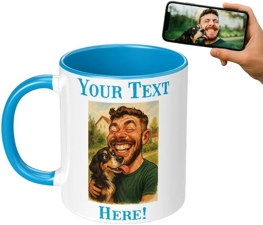 Personalized Coffee Mug, Custom Photo Caricature Gift, Funny Customized Coffee Gift for Men & Women, Custom Mugs with Pictures, Light Blue 11oz Father's Day Mug