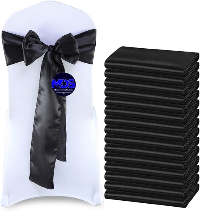 MDS Pack of 125 PCS Satin Chair Sashes Charmeuse Sateen Dining Chair Bows Ribbon Ties Back Sash for Wedding Party Birthday Home Hotel Restaurant Banquet Decoration (7 x 108 Inch, Black)
