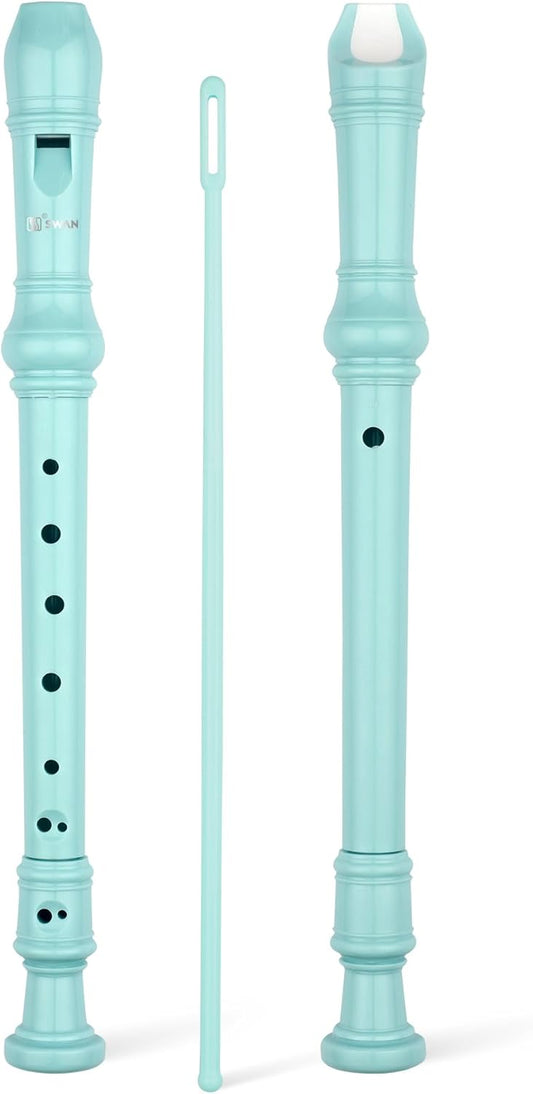 SWAN Soprano Recorder Instrument for Beginners Kids Student - German Fingering 8 Hole Flute Detachable 3pcs ABS Descant Recorders with Cleaning Rod and Fingering Chart, SW8K, Baby Blue