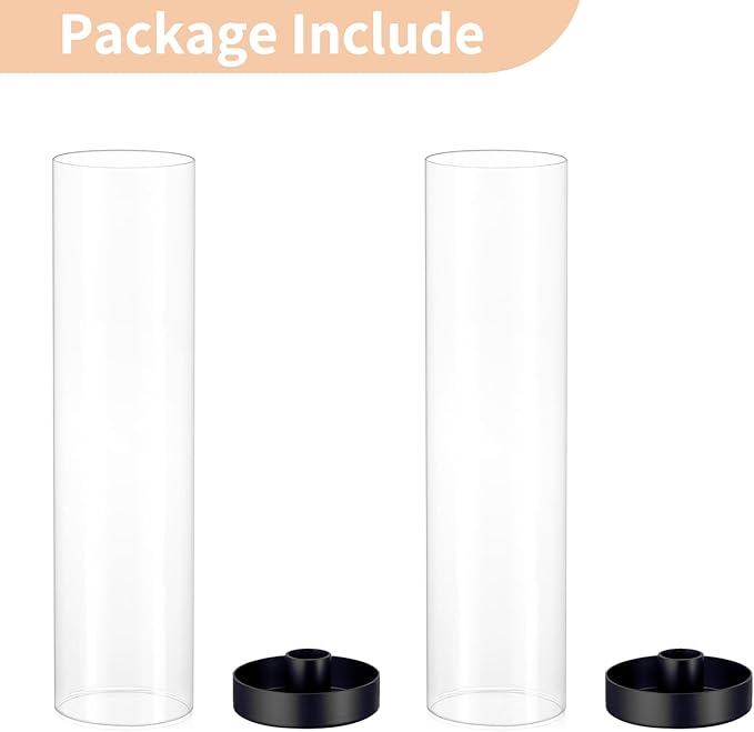 NUPTIO Hurricane Glass Candle Holders: 2 Pcs Black Candlestick Tapers Holder with 11.81 inch Tall Clear Cylinder Cover Metal Candle Sticks Stand for Wedding Christmas Thanksgiving Halloween Decor