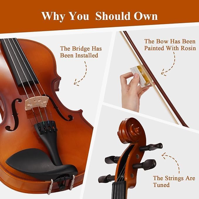 Violin 4/4 Full Size Kit for Adults Beginner, Violin Fiddle Set for Student with Rosewood Bow, Extra Strings&Bridge, 2 rosins, Tuner, Fingerboard Stickers, Shoulder Rest, Case (Solid wood)