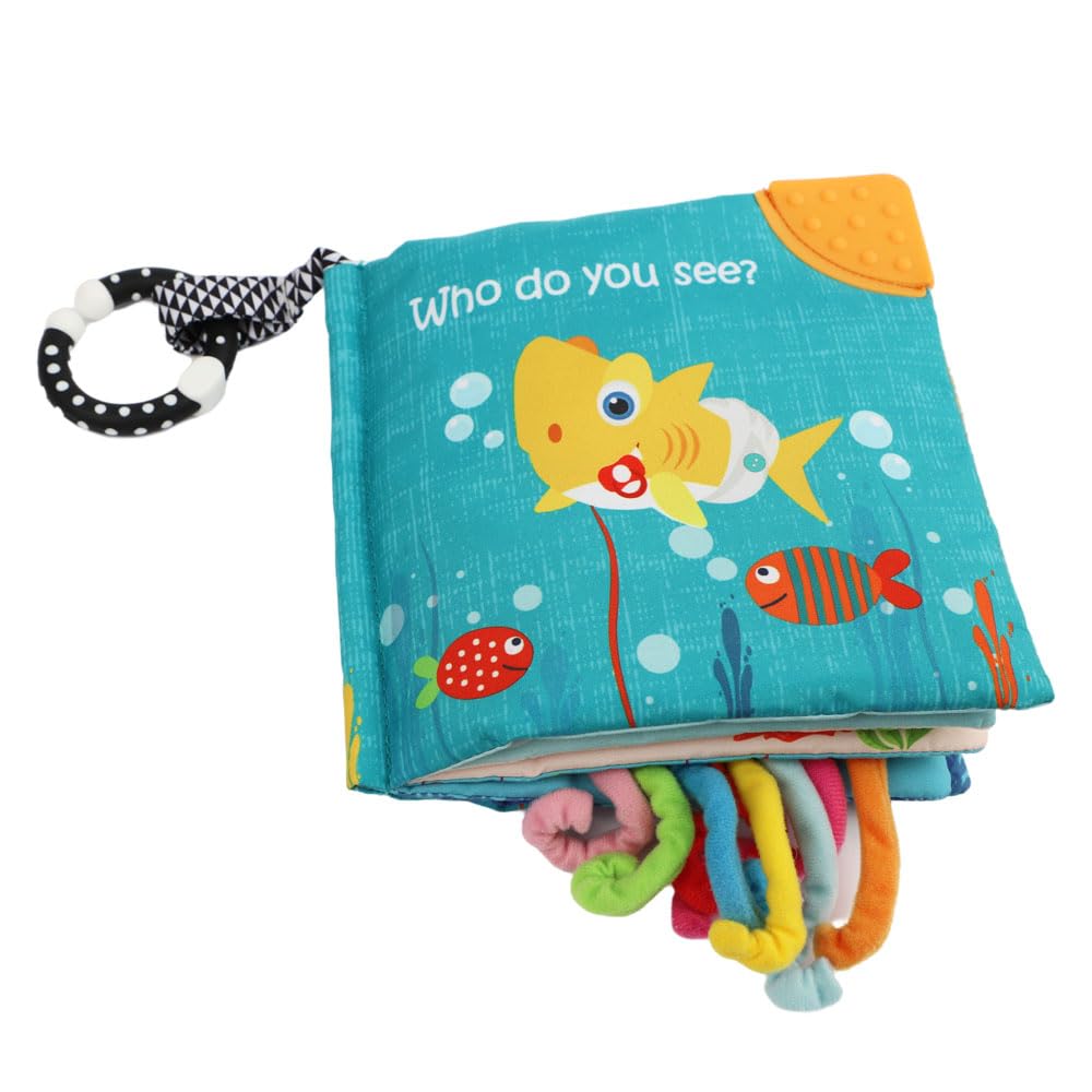Cloth Crinkle Books for Babies Toddler – Touch and Feel Soft Baby Books, Interactive Early Learning Toys for Infants 0-6-12-18 Months Gift, Teething Toy with Teether, Fish, Octopus, Shark