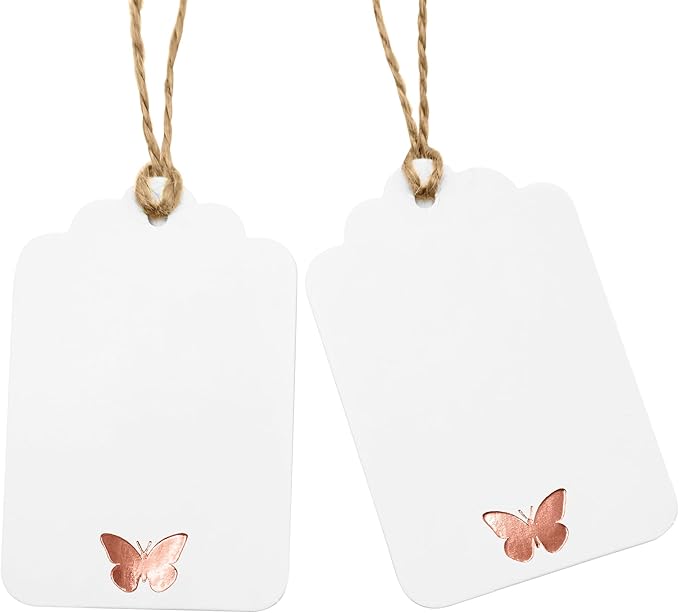 100Pcs Blank Gift Tags with String, Foil Rose Gold Butterfly Large Gift Tags with 65 Ft Jute Twine Cute Tags White Paper Gift Tag for Birthday Baby Shower Wedding Spring Summer Gift Wrap Tag