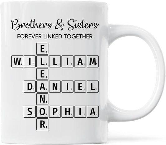 Trending Custom Brothers & Sisters Forever Linked Together Personalized White Mug Brothers Sisters Crossword Puzzle Art Mug, Gift For Brothers, Sisters, Siblings, Family Member on Birthday Christmas