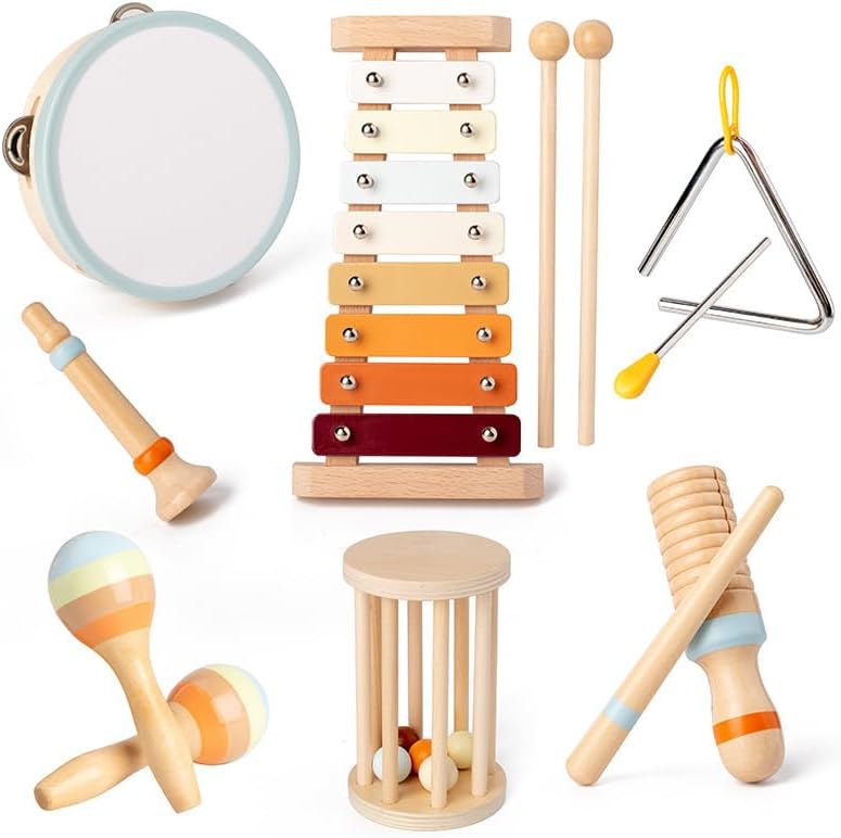 Baby Musical Instruments, 7 Pcs Set Montessori Musical Toys, Musical Instruments for Toddlers 3+, Neutral Colors Wooden Percussion Instruments Set, Suitable for Education for 3+ Children
