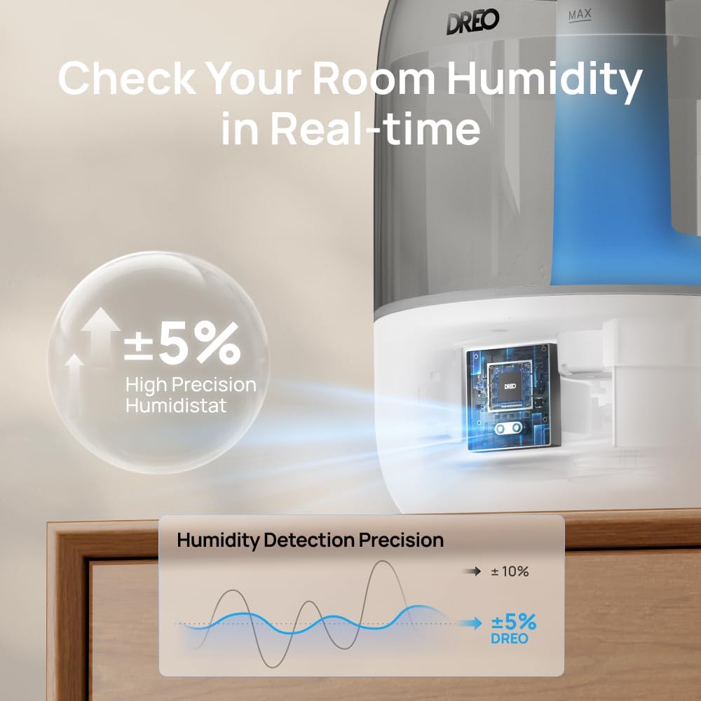 Dreo Humidifiers for Bedroom, Cool Mist Ultrasonic Humidifiers with 30Hr Runtime, Top Fill 3L Tank, Easy Clean, Humidity Sensor, Night Light for Baby, Nursery, 360° Nozzle for Plants and Home, Grey