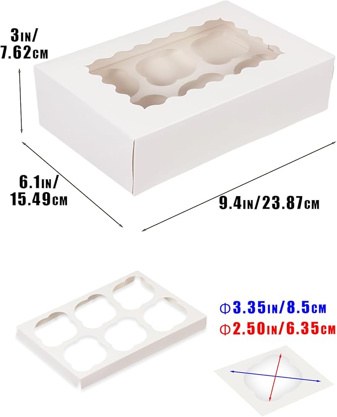 Bakepacker Auto-pop up 6 Cupcake Boxes with Window 20 Count White Box 9.4 x 6.1 x 3 inch Cupcake Carrier