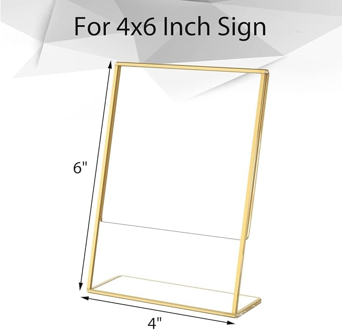 NIUBEE 4 x 6 Gold Frames, 6 Pack Acrylic Slanted Back Gold Picture Frames for Wedding Table Numbers, Restaurant Signs, Photos, Perfect for Wedding, Party, Event