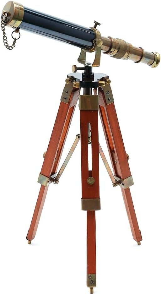 Vintage 9-Inch Brass Telescope with Wooden Stand – Antique Nautical Marine Decor & Functional Collectible Gift