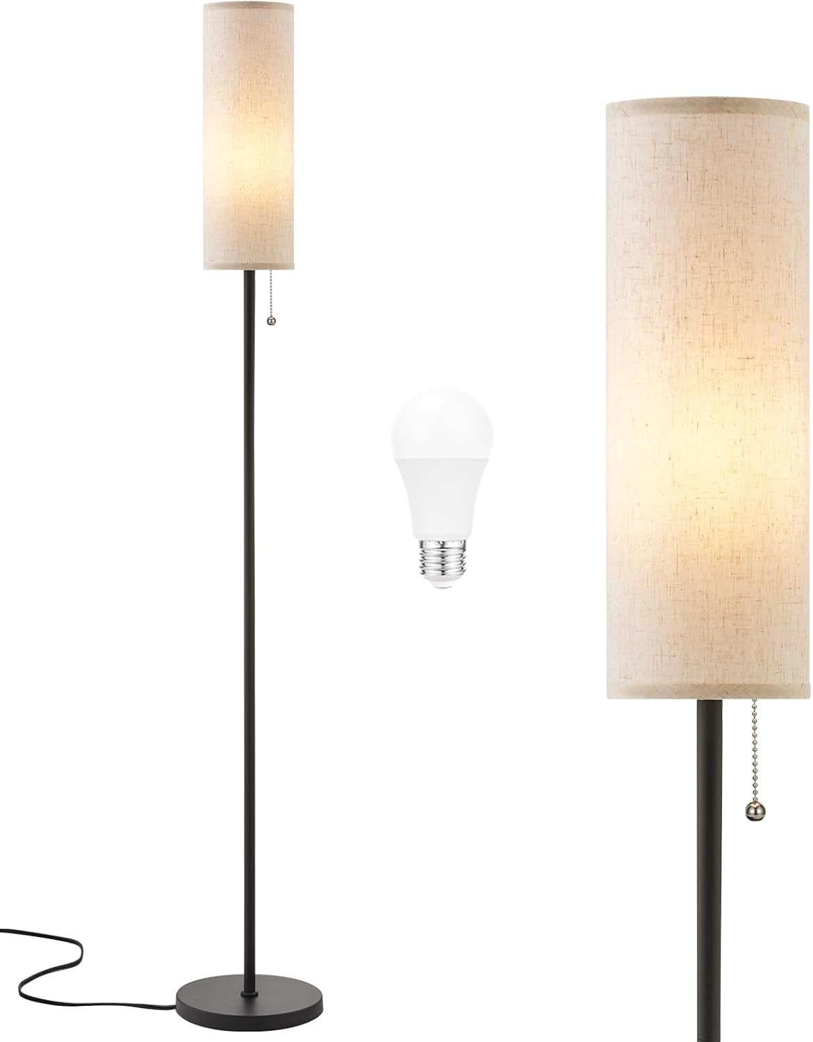 Ambimall 64'' Floor Lamp for Living Room with Bulb - Tall Lamps with Beige Lampshade & Pull Chain Switch, Pole Lamps for Bedrooms Tall, Minimalist Floor Lamp