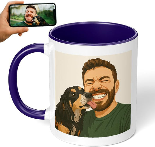 Personalized Coffee Mug, Custom Drawing Portrait Gift, Funny Customized Coffee Gift for Men & Women, Custom Mugs with Pictures, Navy 11oz Father's Day Mug