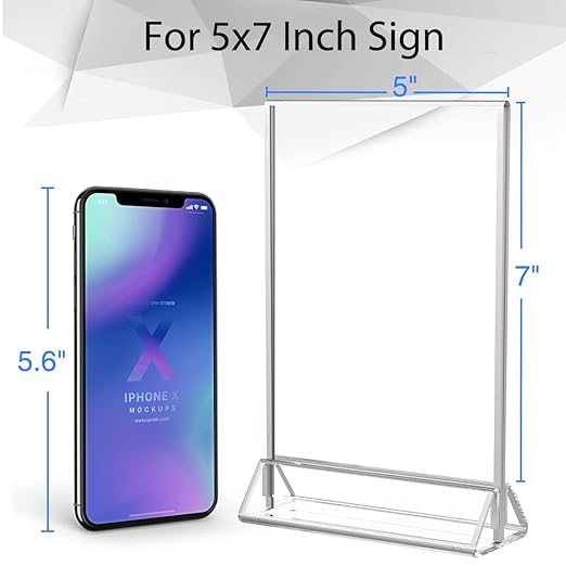 NIUBEE 6Pack 5x7 Clear Acrylic Sign Holder with Sliver Borders and Vertical Stand, Double Sided Table Menu Holders Picture Frames for Wedding Table Numbers, Restaurant Signs, Photos and Art Display