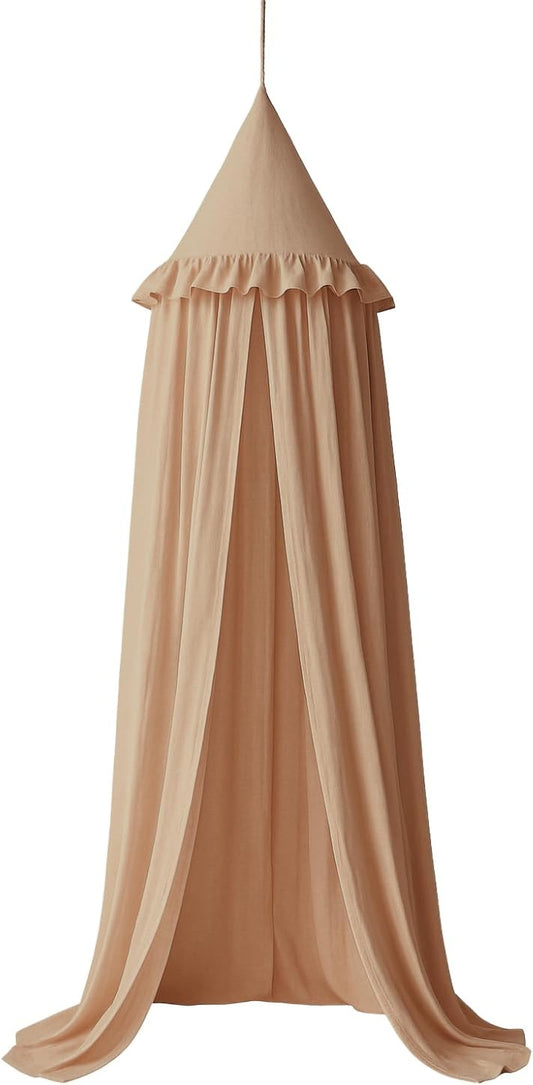 Wonder Space Kids Bed Canopy with Ruffles, Pastel Neutral Color for Boys & Girls, Frilled Cotton Tent Nursery Room Baby Crib Hanging Curtain Mosquito Netting Children Reading Nook Decoration (Nougat)