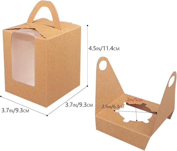 Bakepacker Auto-pop up Individual Cupcake Boxes with Window 25 Count Brown Single Cupcakes Box 3.6 x 3.6 x 4.3inch Cupcake Carrier