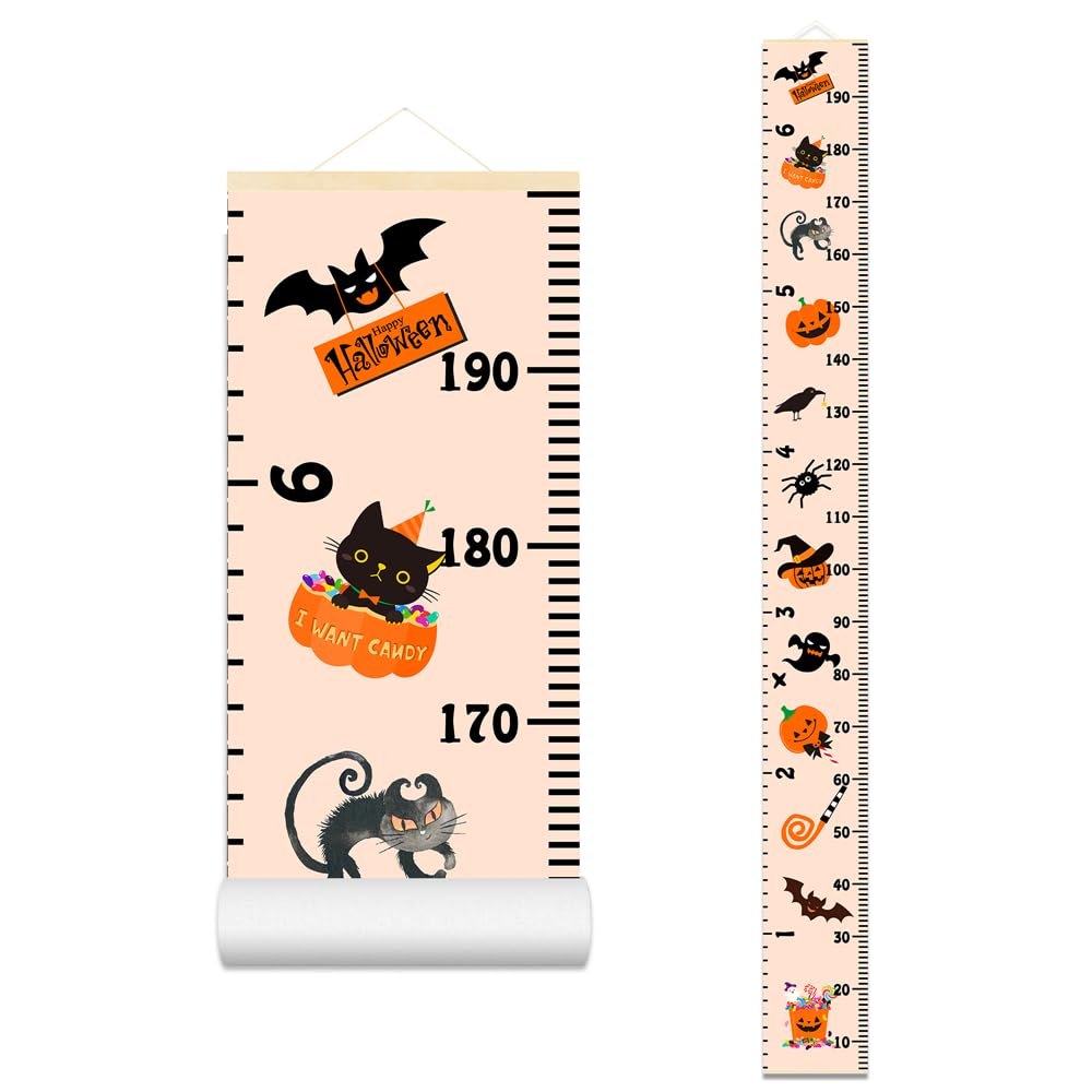 Halloween Baby Height Growth Chart - Canvas Height Chart for Kids Baby Child Toddler Boys Girls Growth Chart for Wall Room Nursery Decor Hangable and Removable Measuring Wall Ruler (A, Black Wood)