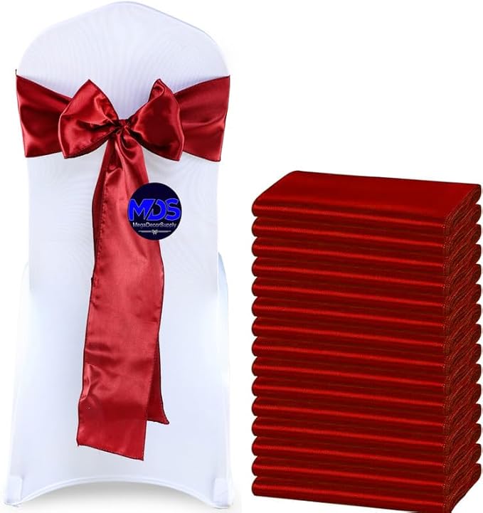 MDS Pack of 150 PCS Satin Chair Sashes Charmeuse Sateen Dining Chair Bows Ribbon Ties Back Sash for Wedding Party Birthday Home Hotel Restaurant Banquet Decoration (7 x 108 Inch, Apple Red)