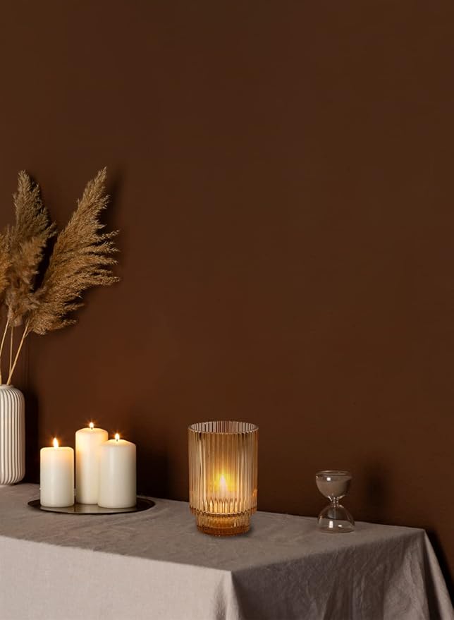 Serene Spaces Living Amber Ribbed Glass Votive Holder, Decorative Centerpiece for Wedding, Christmas, Thanksgiving, Party, Dining Table, Living Room, Home Décor, Measures 3.25" Diameter and 5" Tall