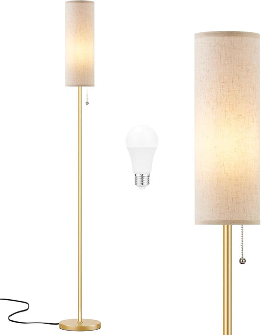 Ambimall Floor Lamp for Living Room with 3 Color Temperatures Bulb, 64" Standing lamp with Linen lampshade for Bedroom, Minimalist Pole Lamp, Beige Shade & Gold Pole