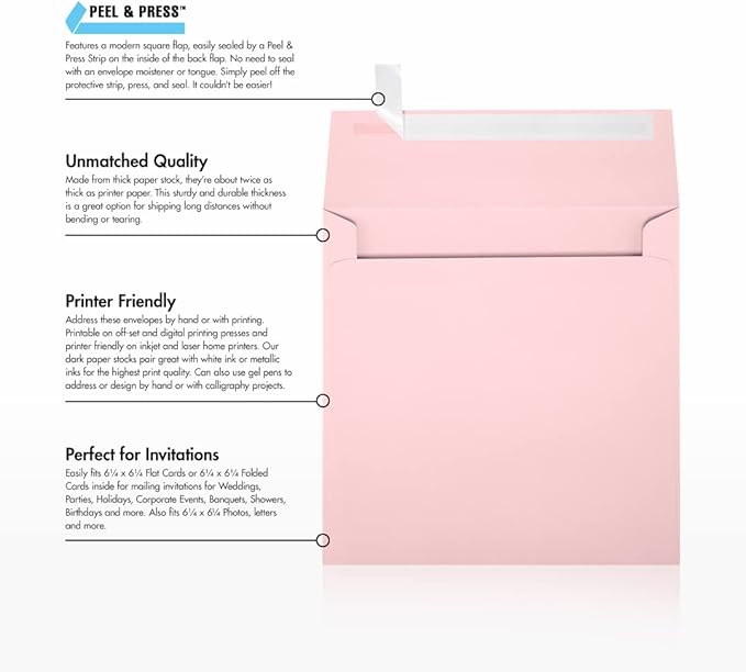LUXPaper Square Invitation Envelopes | Peel & Press | 6 1/2" x 6 1/2" | Candy Pink | 80lb. Text | 50 Qty
