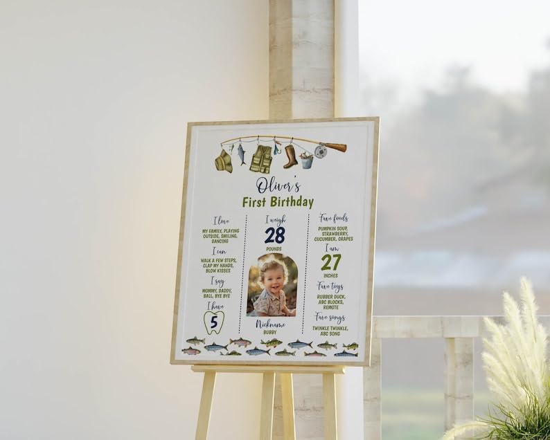 Generic Personalized Fishing Milestone Board, Big One 1St Birthday Milestone Poster, O-Fish-Ally Birthday Photo Milestone Sign, Design 016