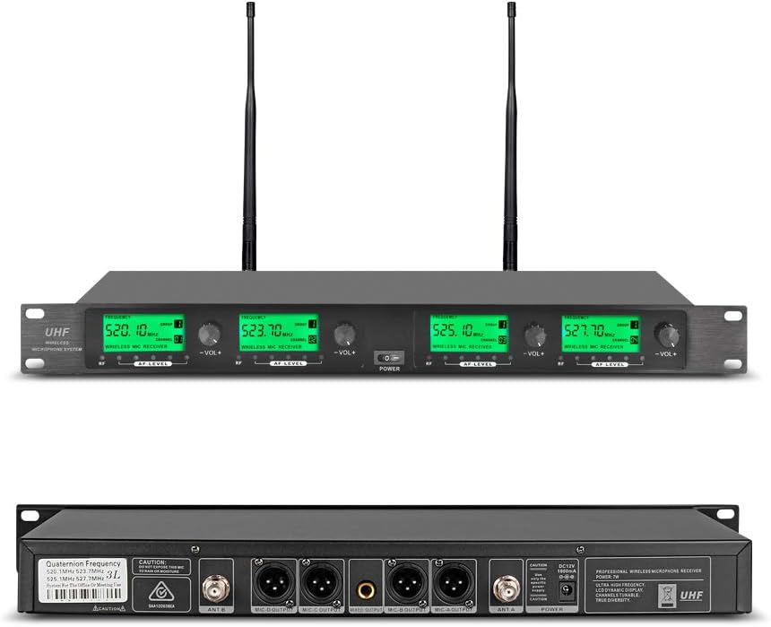 UHF Wireless Microphone System 4 Channel Microphones 4 Handheld Karaoke DJ Mic Karaoke System Whole Metal Mic Karaoke System for Church Speaking Conference Wedding Party Frequency A