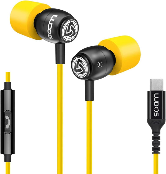 LUDOS Clamor USB C Headphones for iPhone 16 15 Pro Max Plus iPad Pro, 5 Years Warranty, USB-C Earbuds for Samsung Galaxy S24 S23 Ultra S22 S21 FE S20 A55 A54 A53, USB Type C Earphones - Yellow